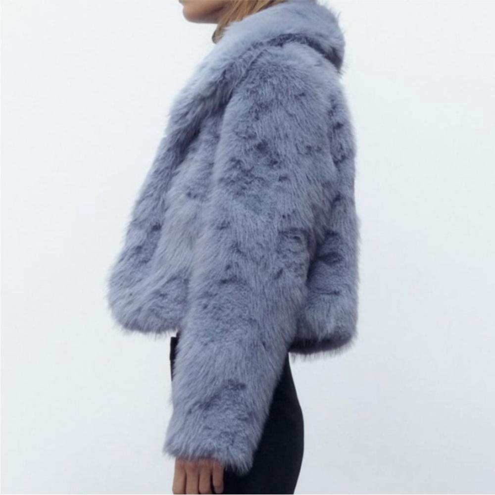 Zara Faux Fur Collared Crop Jacket in Light Blue XS-S - Picture 3 of 12